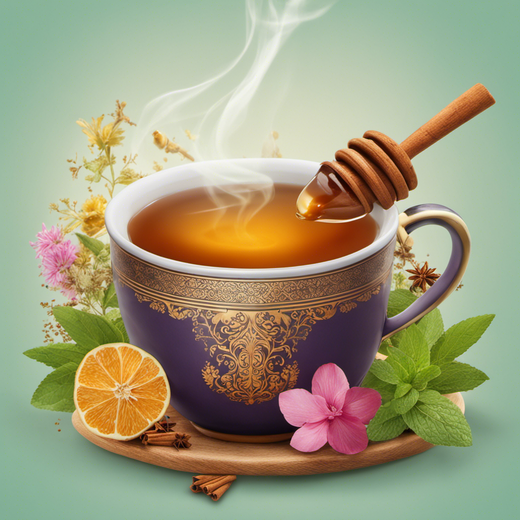 An image showcasing a steaming cup of Yogi Tea, beautifully infused with a medley of aromatic ingredients like cinnamon sticks, cardamom pods, and fresh ginger, accompanied by a bowl of honey and a sprig of mint