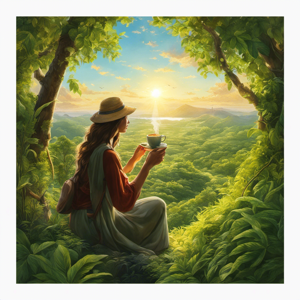 An image showcasing a serene setting with a person holding a steaming cup of Greenbush Yerba Mate Extract, surrounded by lush greenery
