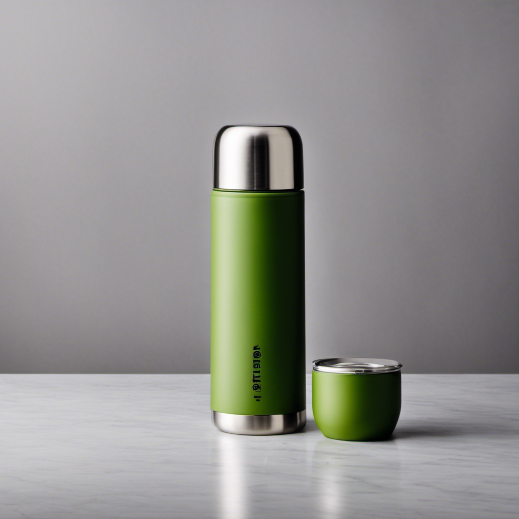 An image showcasing a compact, portable thermos with a secure lid, filled with vibrant green yerba mate leaves