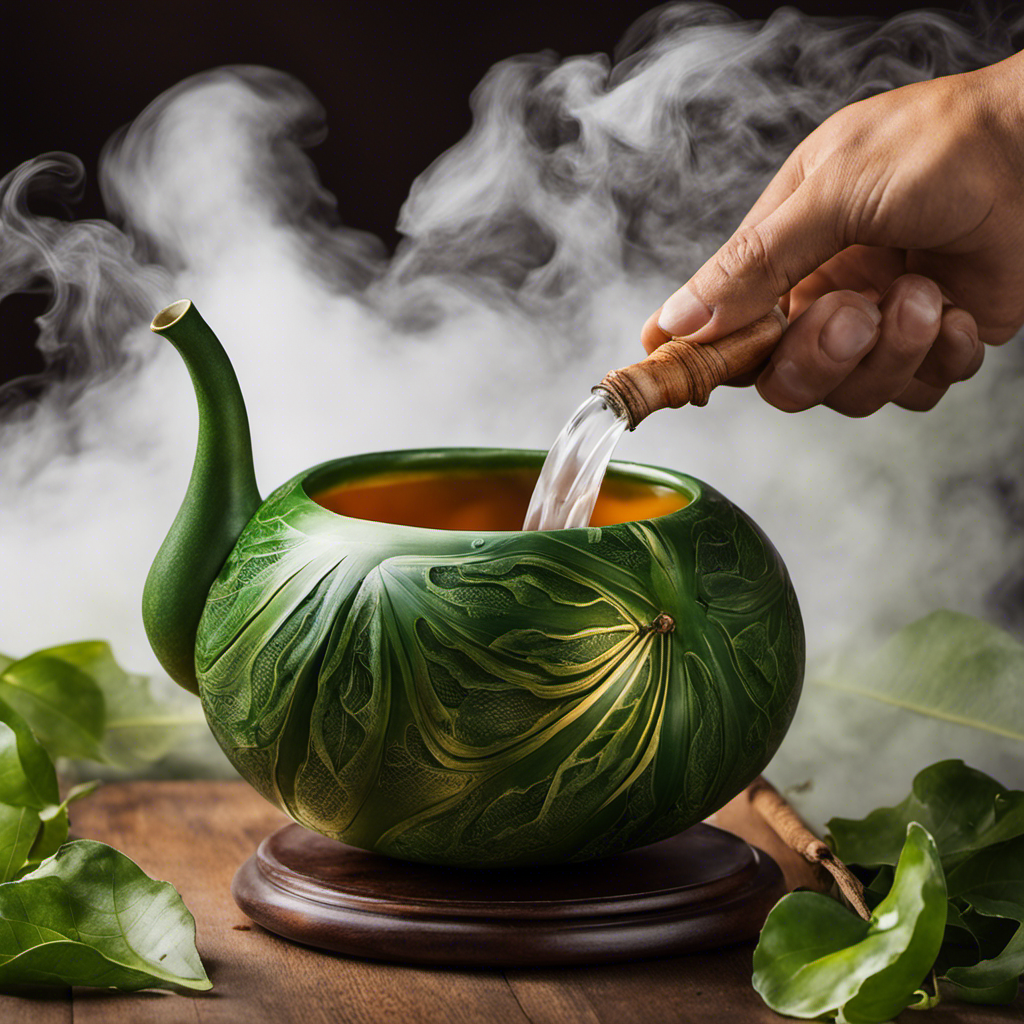 An image that showcases a serene scene of a person holding a traditional gourd, pouring hot water into it, while delicate wisps of steam rise up