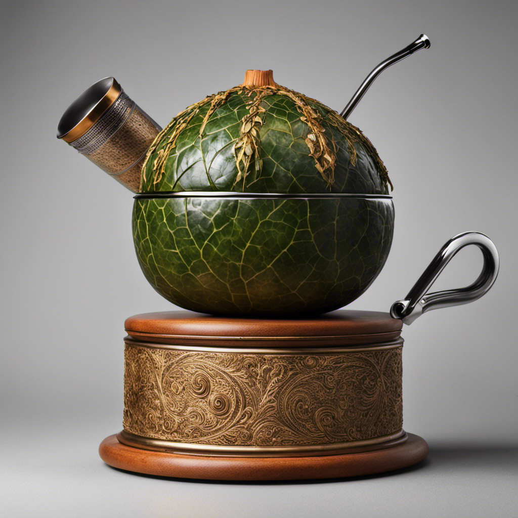 An image showcasing a traditional mate gourd filled with yerba mate leaves, a metal bombilla straw resting on top, and a steaming infusion being poured from a thermos into the gourd
