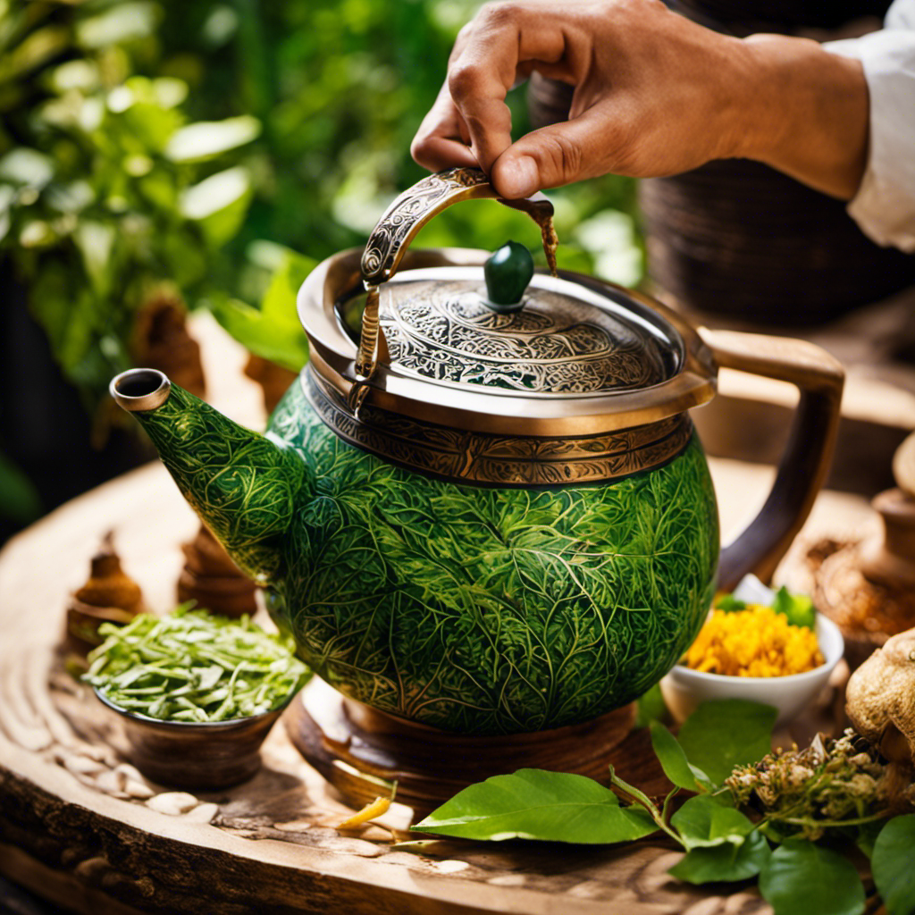 An image showcasing a pair of skilled hands gently pouring hot water from a traditional kettle into a beautifully decorated yerba mate gourd