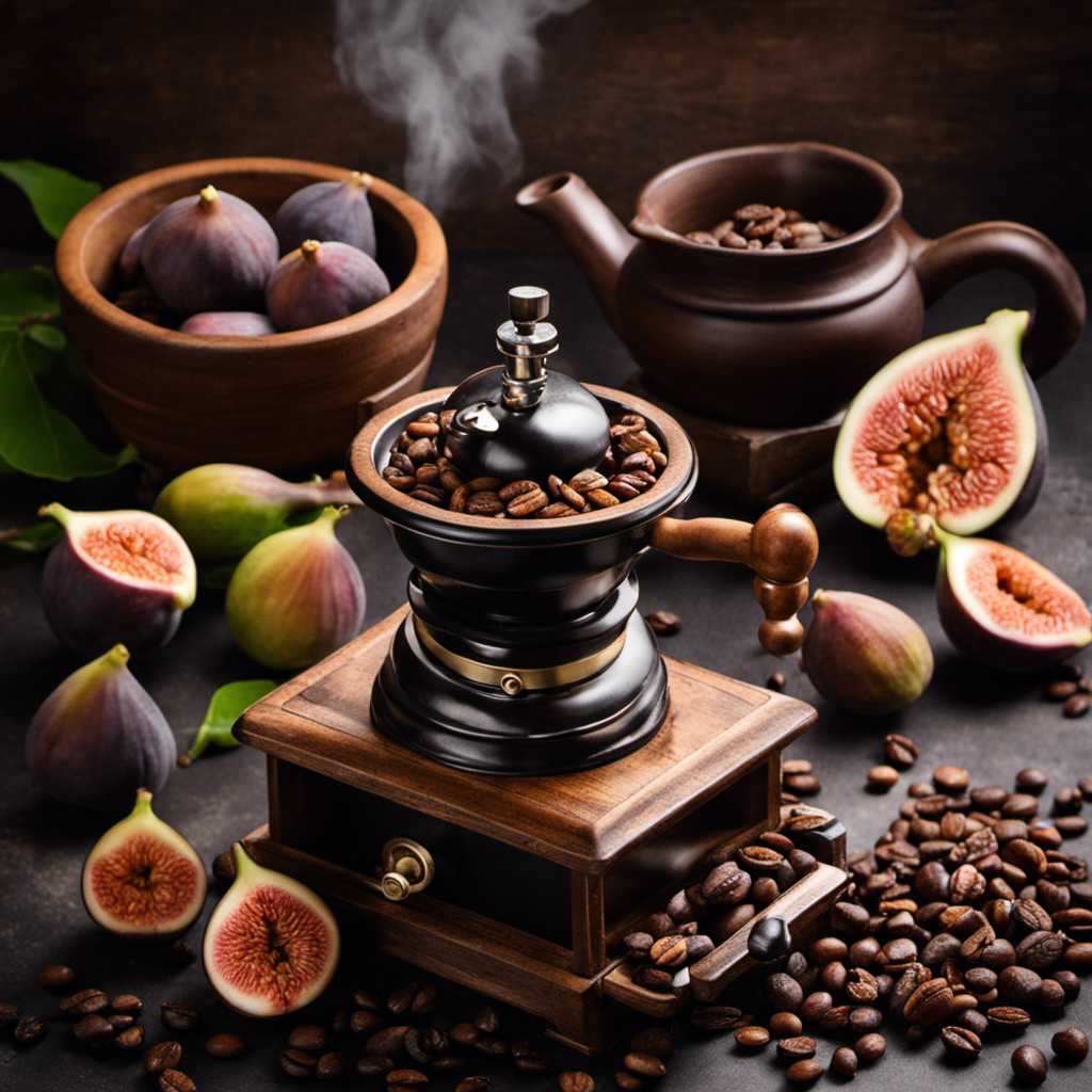 An image showcasing a rustic wooden table, adorned with a vintage coffee grinder and a steaming cup of fig-infused coffee, surrounded by fresh figs and coffee beans, illustrating the art of using figs as a delectable coffee substitute