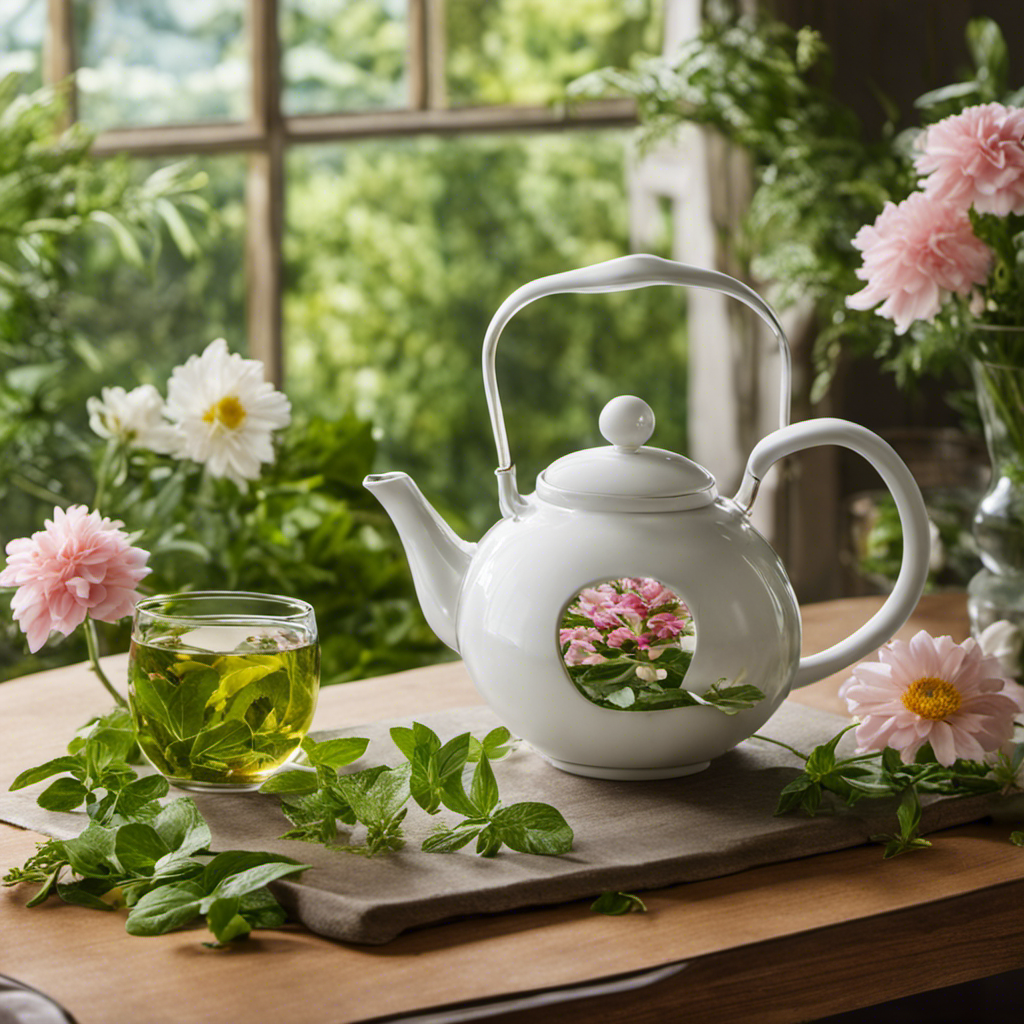 An image that showcases a serene, sunlight-drenched setting with a vibrant green tea leaf being delicately steeped in a clear glass teapot, surrounded by fresh herbs and flowers