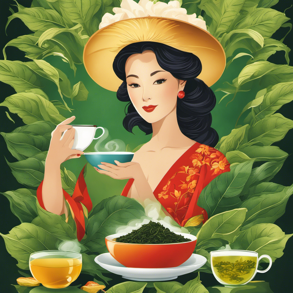 An image showcasing a woman gracefully holding a cup of steaming oolong tea, surrounded by vibrant green tea leaves and a scale in the backdrop, symbolizing the journey of weight loss