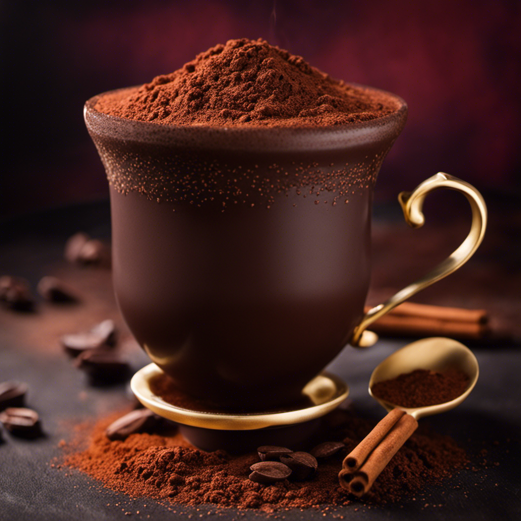 An image showcasing a vibrant, frothy cup of raw cacao powder drink