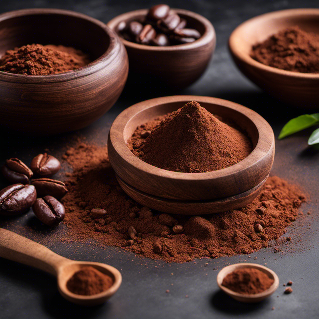 An image showcasing the step-by-step process of grinding raw cacao beans into a fine powder, capturing the rich aroma and texture, accompanied by a rustic mortar and pestle, and a sprinkling of powdered cacao