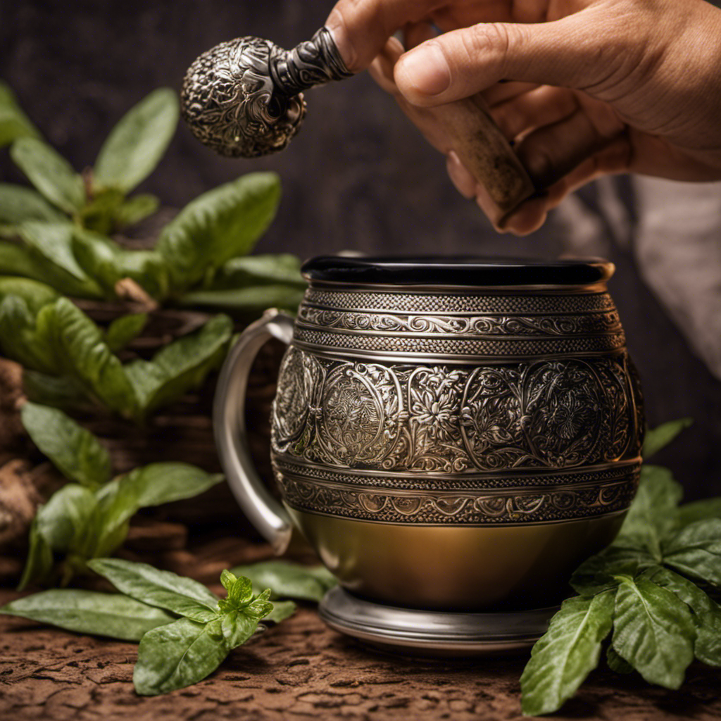 An image showcasing a hand holding a traditional Yerba Mate bombilla, gently inserting it into a regular ceramic mug