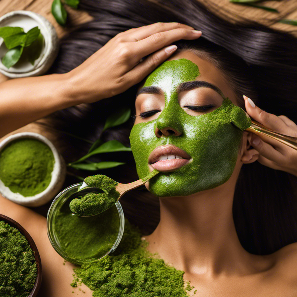 An image showcasing a person applying a homemade Yerba Mate face mask, with the vibrant green mixture smoothly applied on their skin, and a separate shot capturing a bottle of Yerba Mate-infused hair serum being gently massaged into luscious hair strands