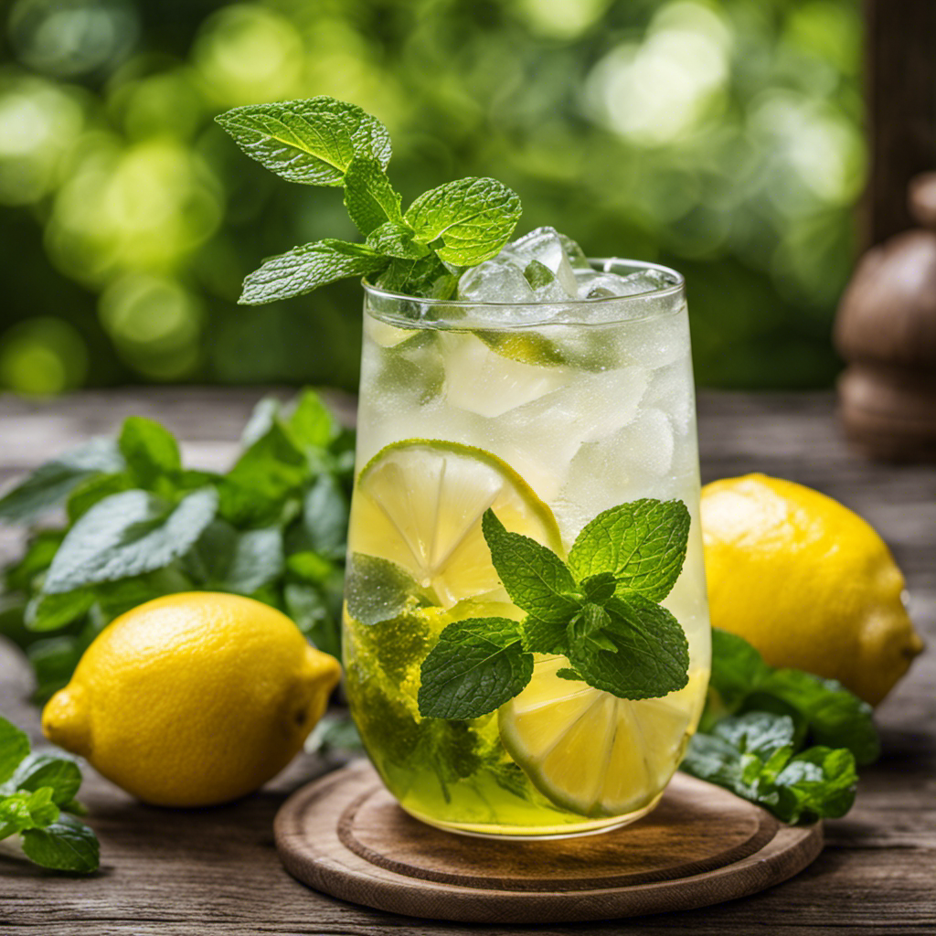 An image showcasing a vibrant, refreshing glass of iced yerba mate infused with zesty slices of lemon and a sprig of mint