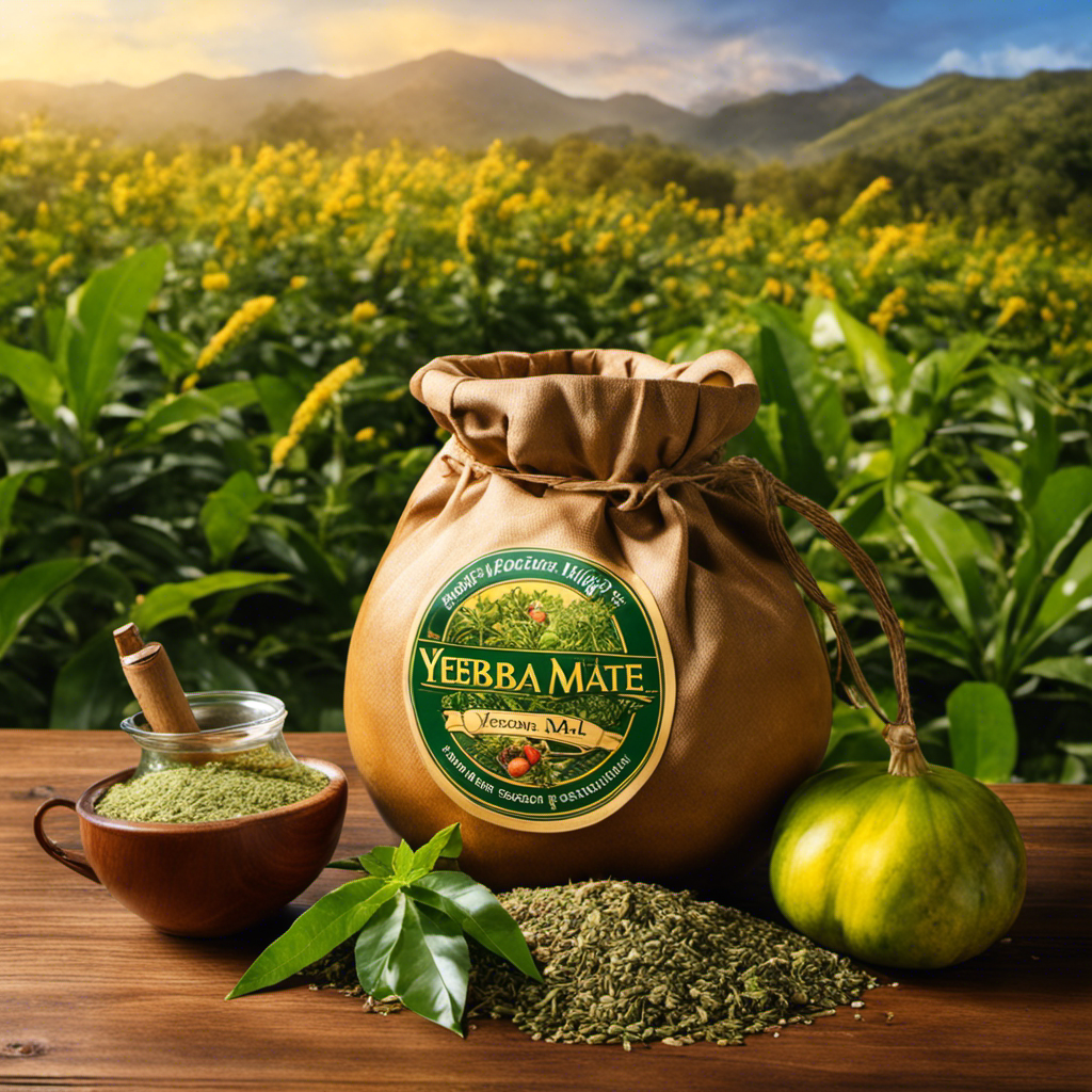 An image showcasing a vibrant one-pound bag of Yerba Mate prominently placed on a wooden table, surrounded by traditional gourd and bombilla, complemented by fresh green leaves and a steaming cup of the rejuvenating beverage