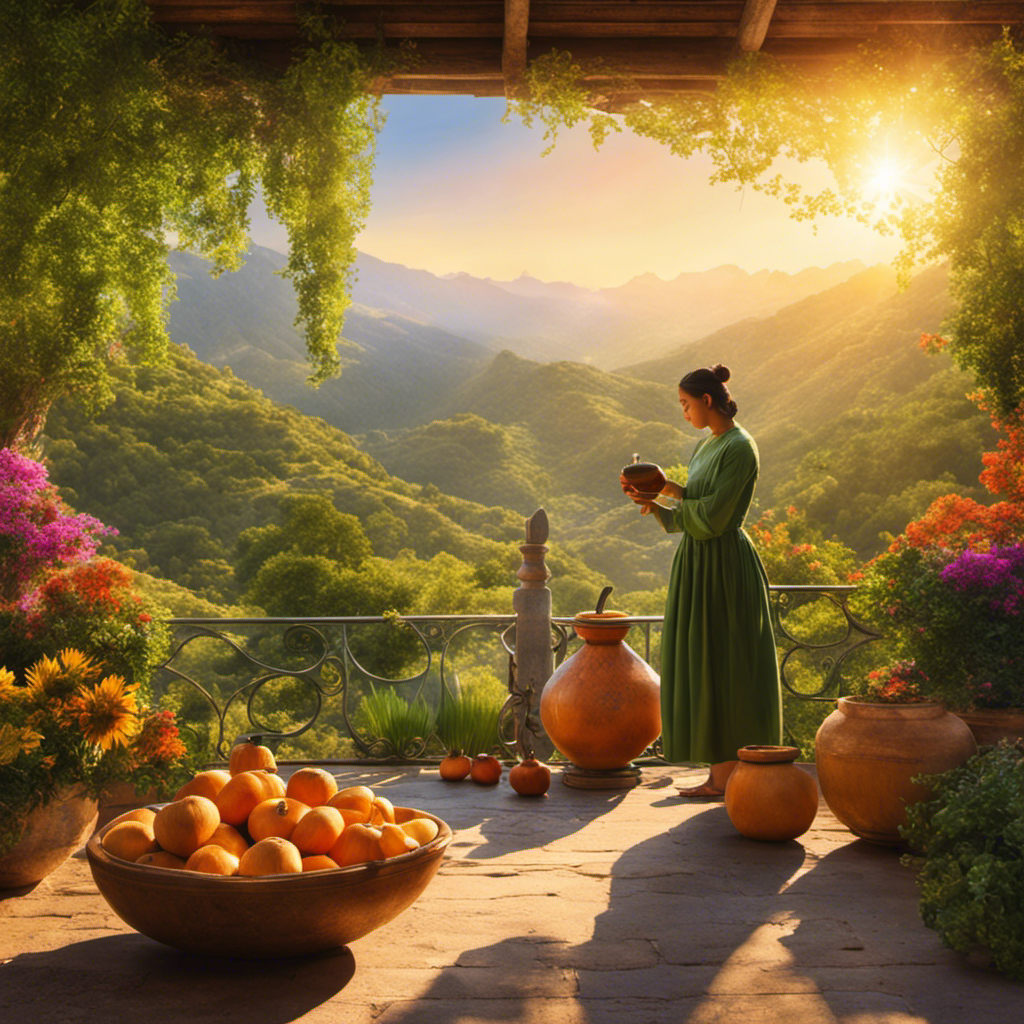 An image of a serene morning scene with a sunlit patio, where a novice holds a traditional gourd filled with vibrant green yerba mate, while gently pouring hot water into it from a colorful bombilla