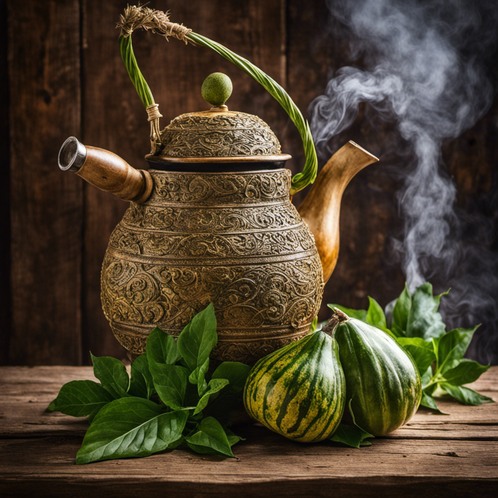 An image showcasing a seasoned yerba mate gourd placed on a rustic wooden table