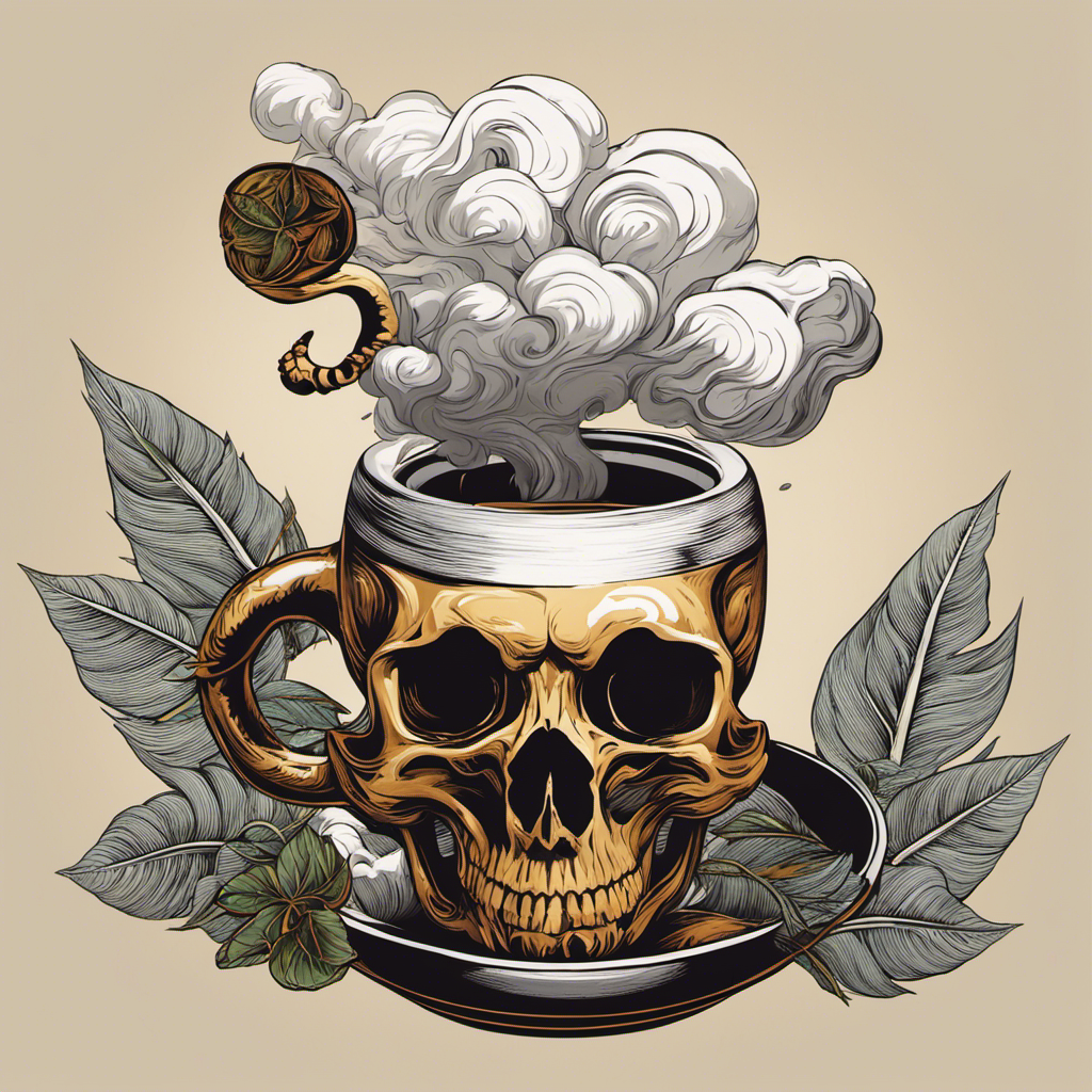 An image capturing the intensity of a steaming hot cup of yerba mate, featuring a skull-shaped cloud of vapor rising from it, intertwined with withering leaves symbolizing the potential dangers associated with excessive consumption