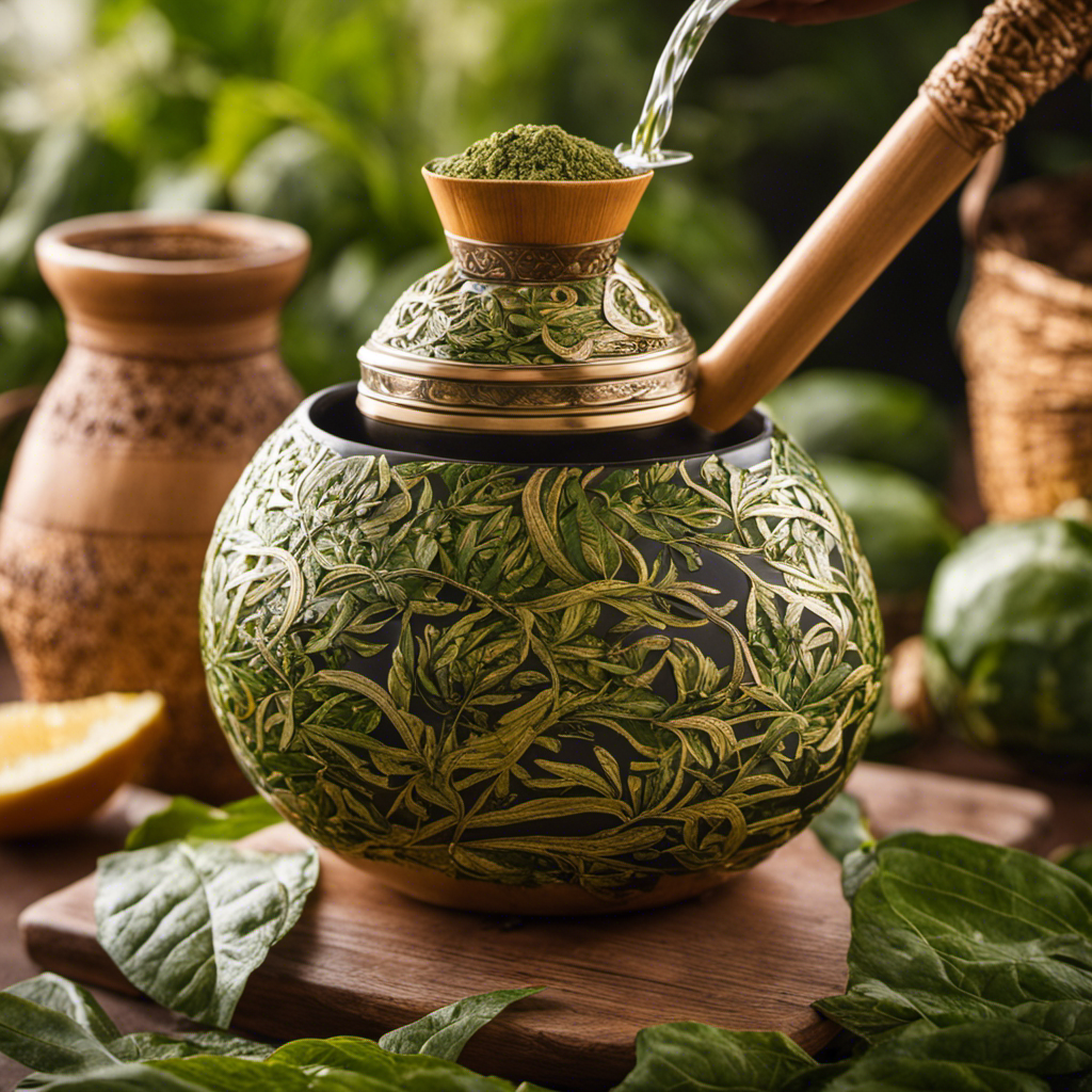 An image capturing the step-by-step process of brewing Cheba Hut Yerba Mate: a vibrant, close-up shot of loose yerba mate leaves being carefully measured, steeped in hot water, and poured into a traditional gourd with a metal straw