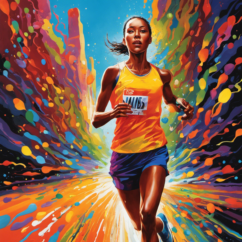 An image showcasing a runner mid-stride, beads of sweat glistening on their forehead, clutching a water bottle
