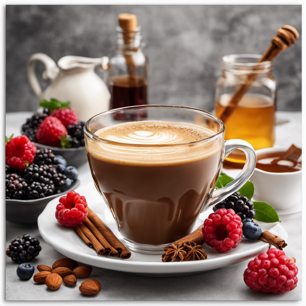 An image depicting a serene coffee cup filled with a steaming brew, with a variety of enticing alternatives surrounding it: a bowl of fresh berries, a jar of honey, a bottle of cinnamon, and a jug of almond milk