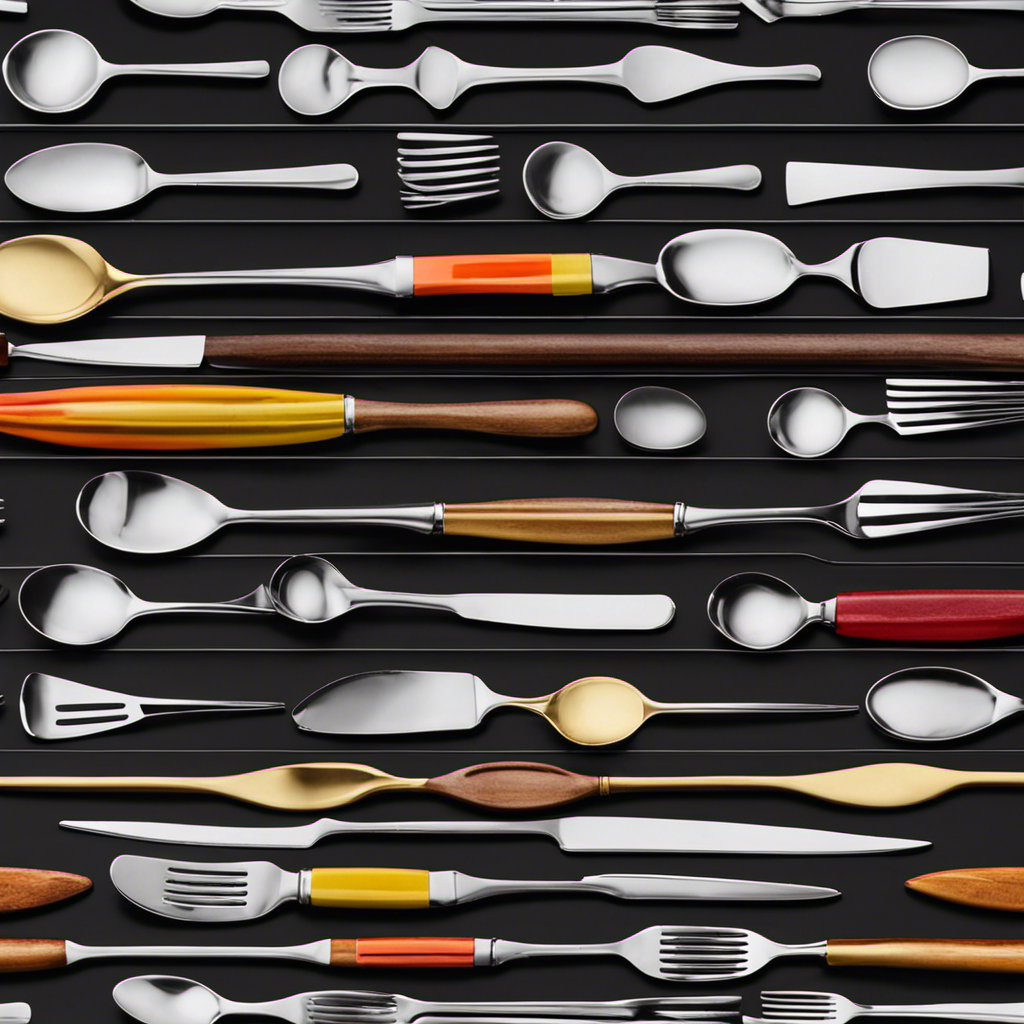 An image featuring a vibrant kitchen counter with 12 delicate teaspoons lined up neatly on one side, and an empty space on the other side, awaiting 12 sturdy tablespoons to complete the set