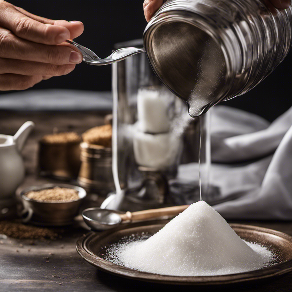 An image of a hand holding a teaspoon, pouring a steady stream of white granulated sugar into a small glass jar with measurements marked on its side