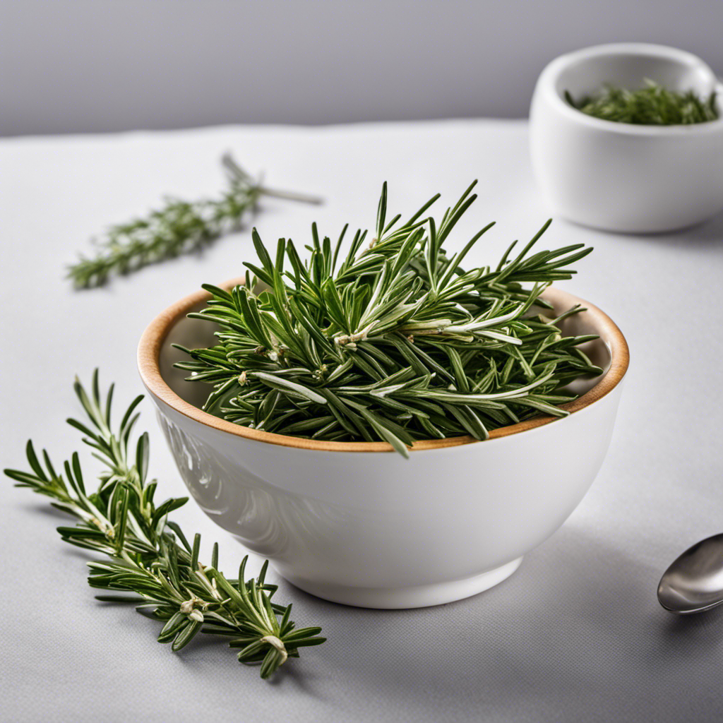 An image depicting a small bowl filled with fragrant fresh rosemary sprigs, alongside a delicate teaspoon
