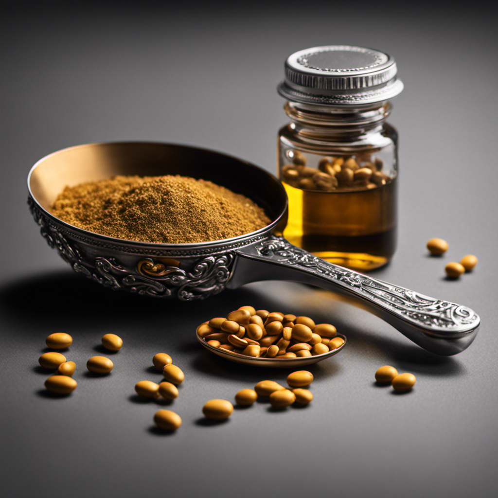 An image depicting a measuring spoon filled with medicine, positioned beside a teaspoon and a 1/2 teaspoon