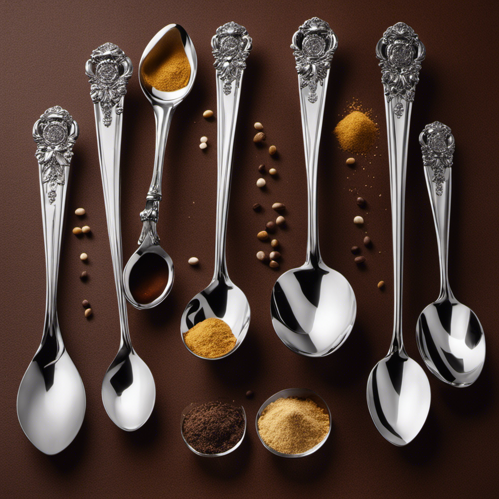 An image showcasing a measuring spoon filled with exactly one and a half tablespoons of a substance, surrounded by six identical teaspoons, each representing 1/4 teaspoon
