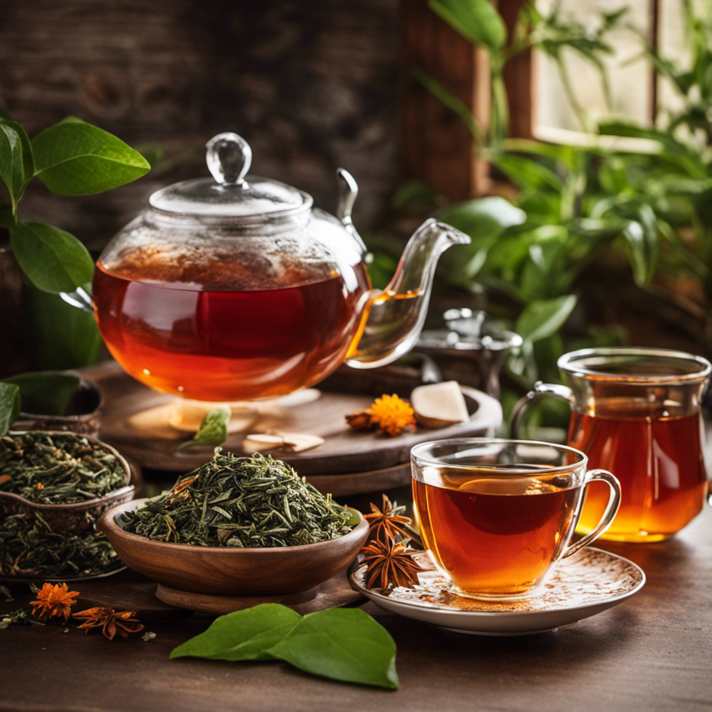 An image showcasing a serene morning scene with a cozy armchair, a steaming cup of herbal tea, and a delicate teapot surrounded by vibrant, aromatic tea leaves, enticing readers to explore the perfect tea substitute for their morning routine