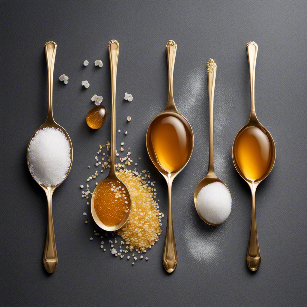 An image showcasing four identical teaspoons filled with white granulated sugar, next to a single teaspoon filled with golden, viscous honey