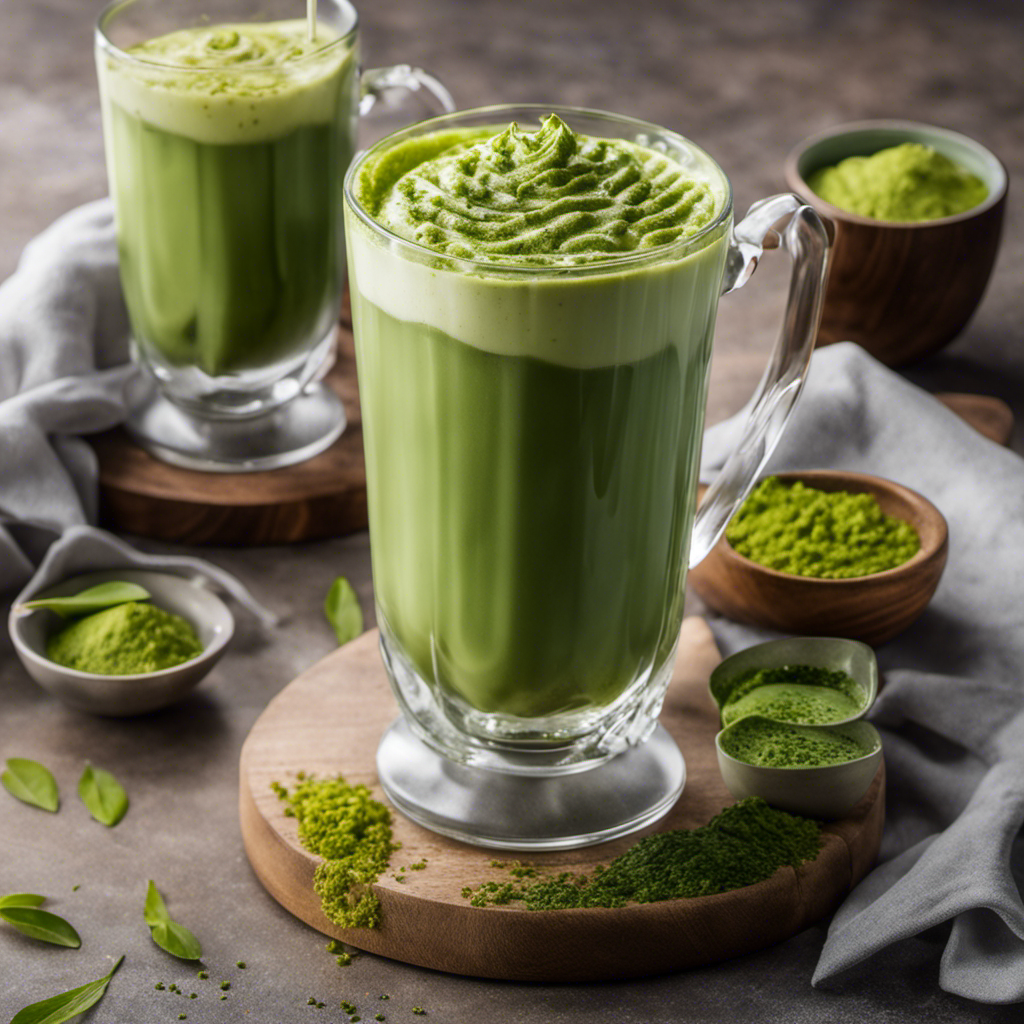 An image capturing a tall glass filled with vibrant green iced matcha latte, elegantly swirling as a frothy layer of creamy milk cascades down the sides, adorned with a sprinkling of powdered matcha on top