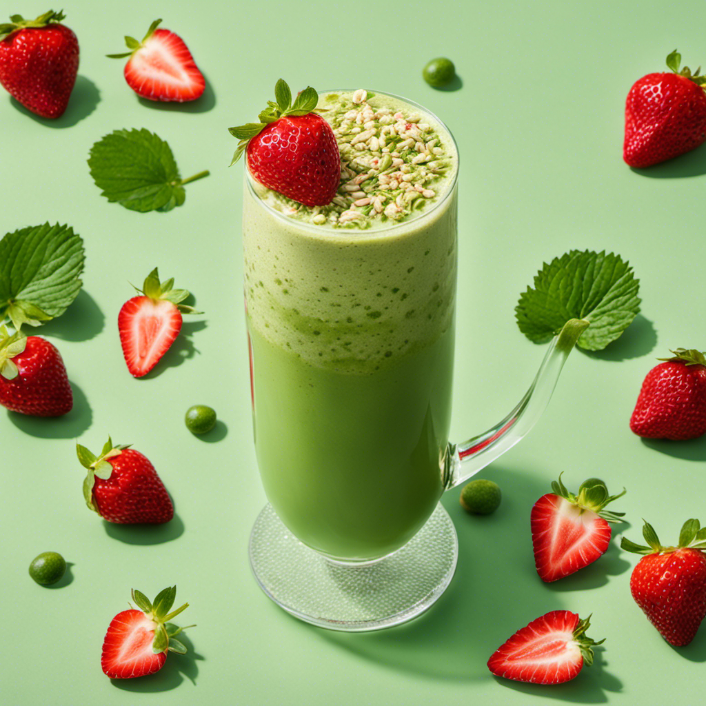 An image showcasing a tall glass filled with frothy iced strawberry oat matcha latte