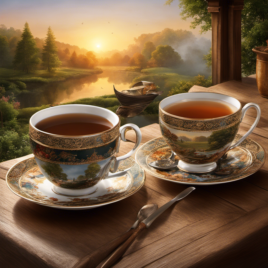 An image showcasing a serene morning scene with a steaming cup of coffee on one side and a cup of tea on the other