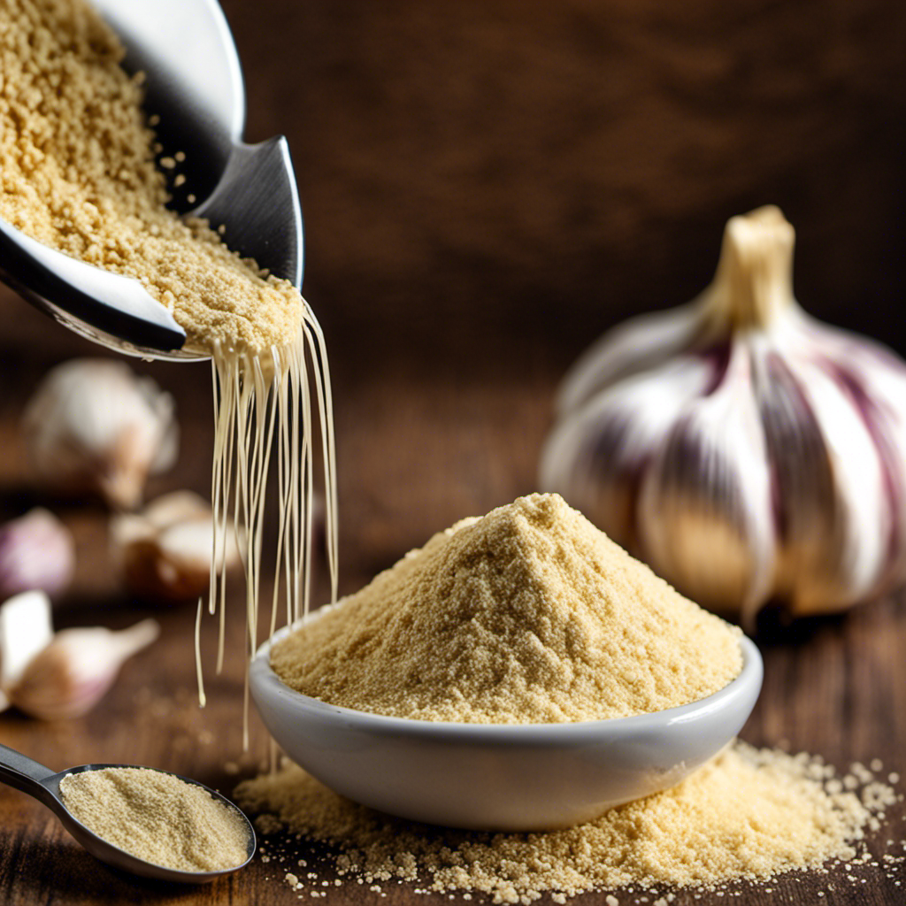 An image depicting a measuring spoon filled with 3 teaspoons of granulated garlic next to a measuring spoon filled with an equivalent amount of garlic powder, emphasizing the conversion from granulated to powdered form