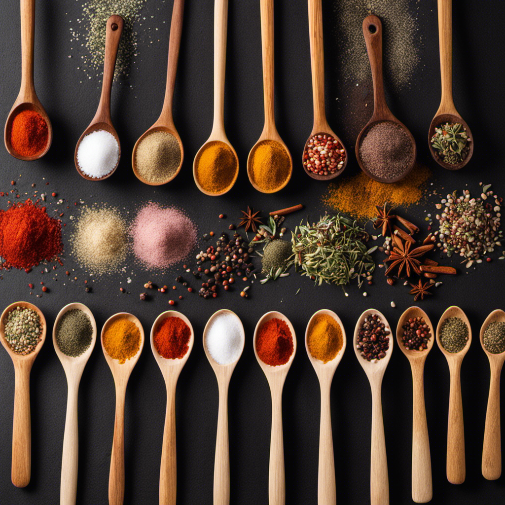 An image of a rustic wooden spoon filled with a vibrant blend of 14 teaspoons of various spices