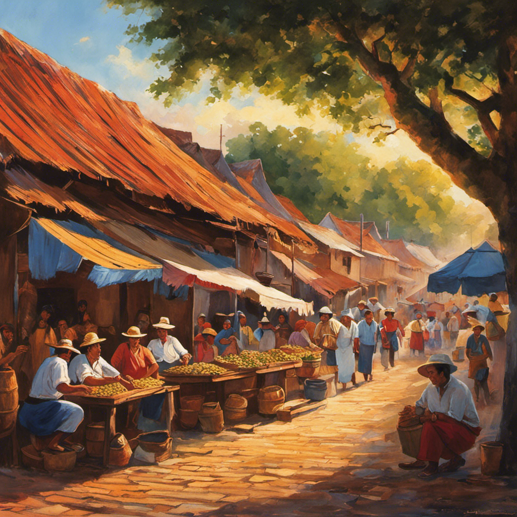 An image showcasing Paraguay's vibrant culture and lively streets, adorned with bustling markets selling traditional yerba mate