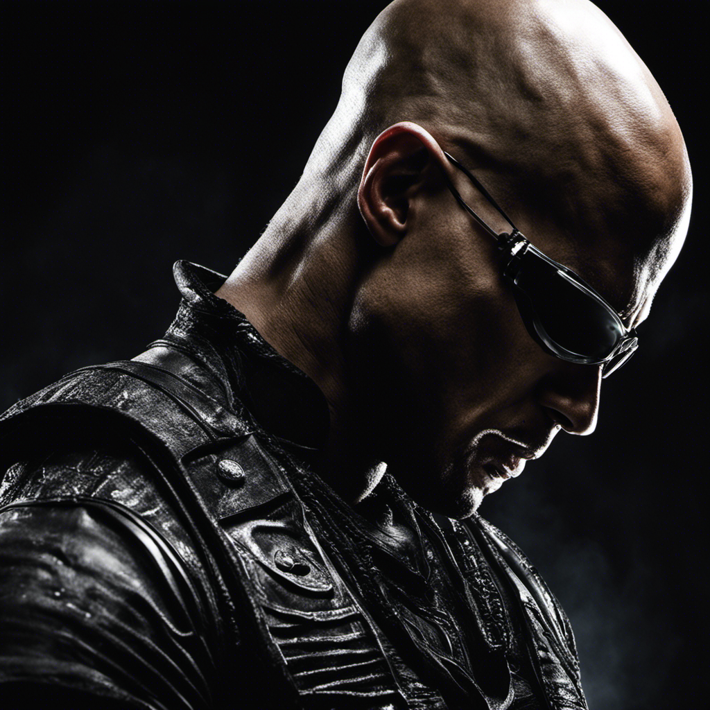 An image depicting Riddick from the movie "Pitch Black" shaving his head in complete darkness