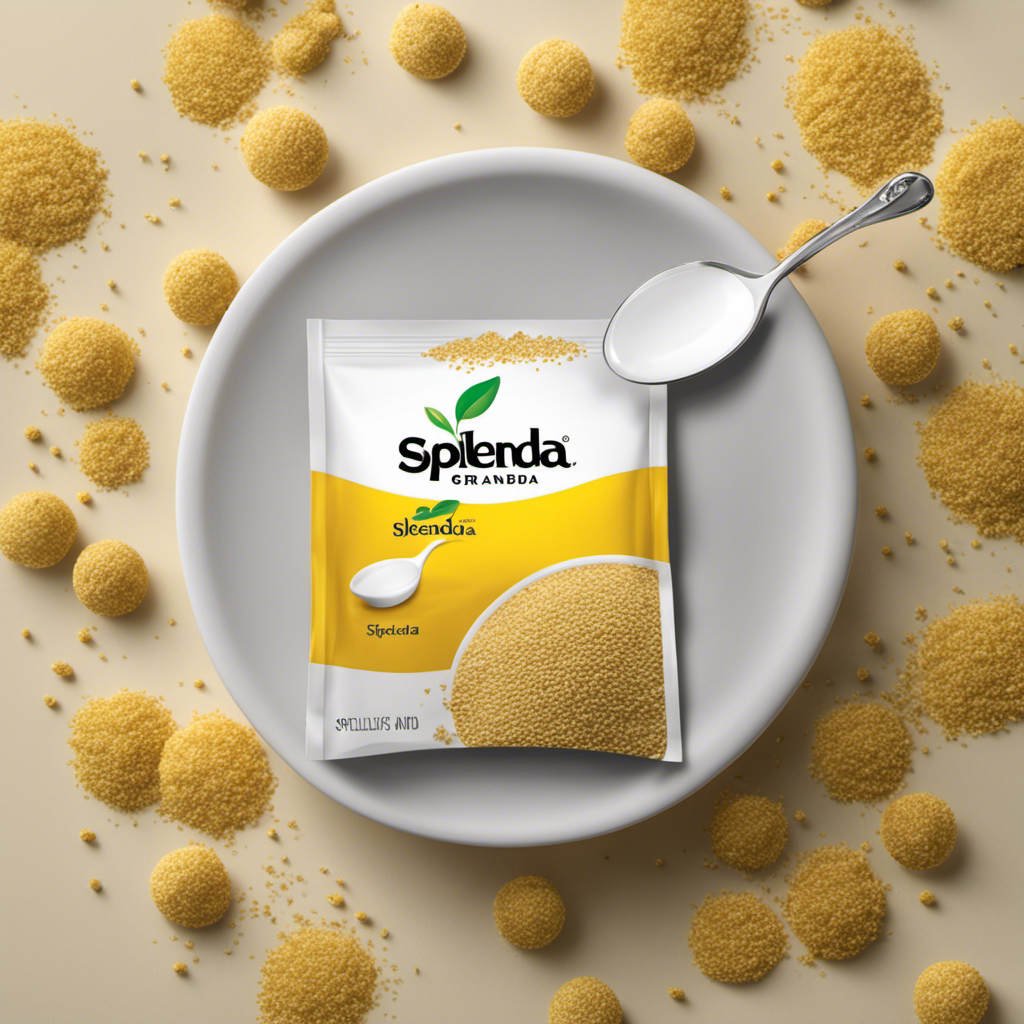 An image showcasing a single white teaspoon filled with Splenda granules, next to a neatly folded packet with the brand logo visible