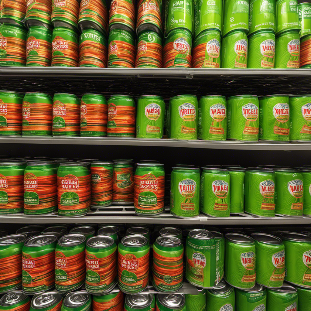 An image that showcases the vibrant green packaging of Yerba Mate cans neatly stacked on the shelves of a well-lit aisle in Wal Mart