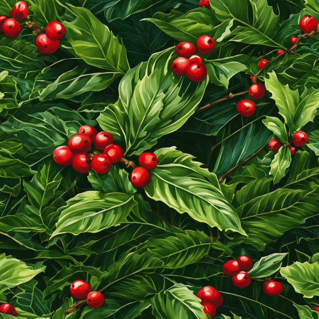 An image showcasing the rich biodiversity of the South American rainforest, with a close-up of vibrant holly leaves (Ilex paraguariensis) growing amidst lush greenery, symbolizing the region where yerba mate is sourced