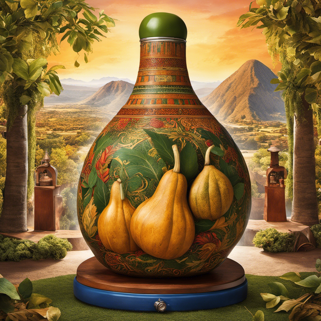 An image featuring a vibrant, traditional gourd overflowing with yerba mate leaves, surrounded by indigenous patterns and iconic landmarks, capturing the essence of the country where yerba mate holds the title of official drink