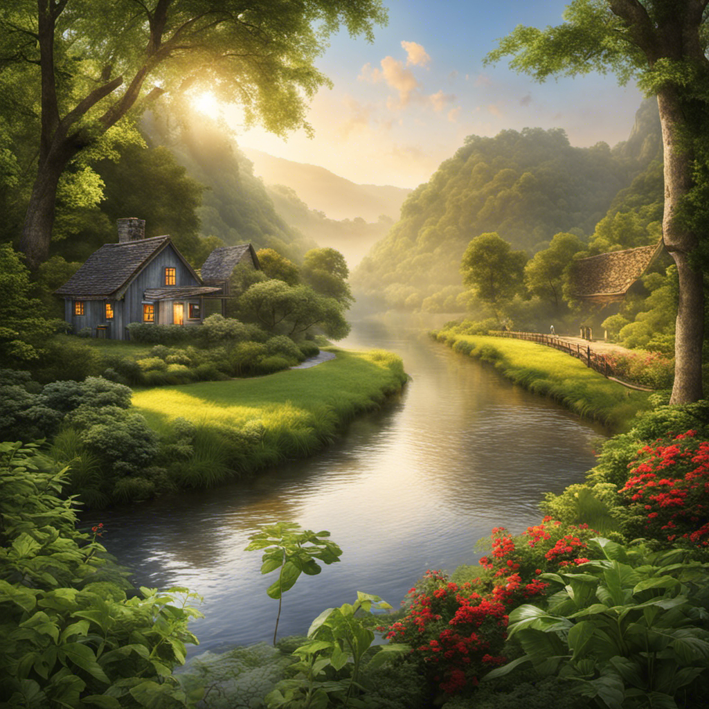 An image showcasing a serene morning scene with a steaming cup of coffee, surrounded by lush greenery and a tranquil river flowing nearby, hinting at the potential digestive effects of coffee