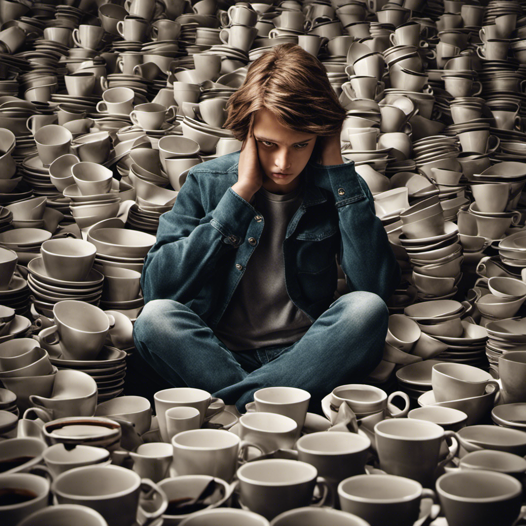 An image showcasing a teenager, surrounded by empty coffee cups and a concerned parent in the background