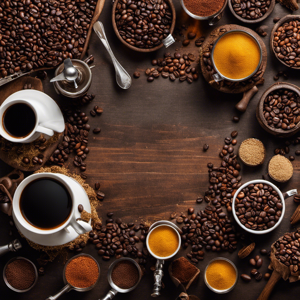 An image showcasing a rustic wooden table adorned with a meticulously arranged row of vibrant, aromatic coffee beans, still glistening with oils, surrounded by a collection of various coffee brewing equipment