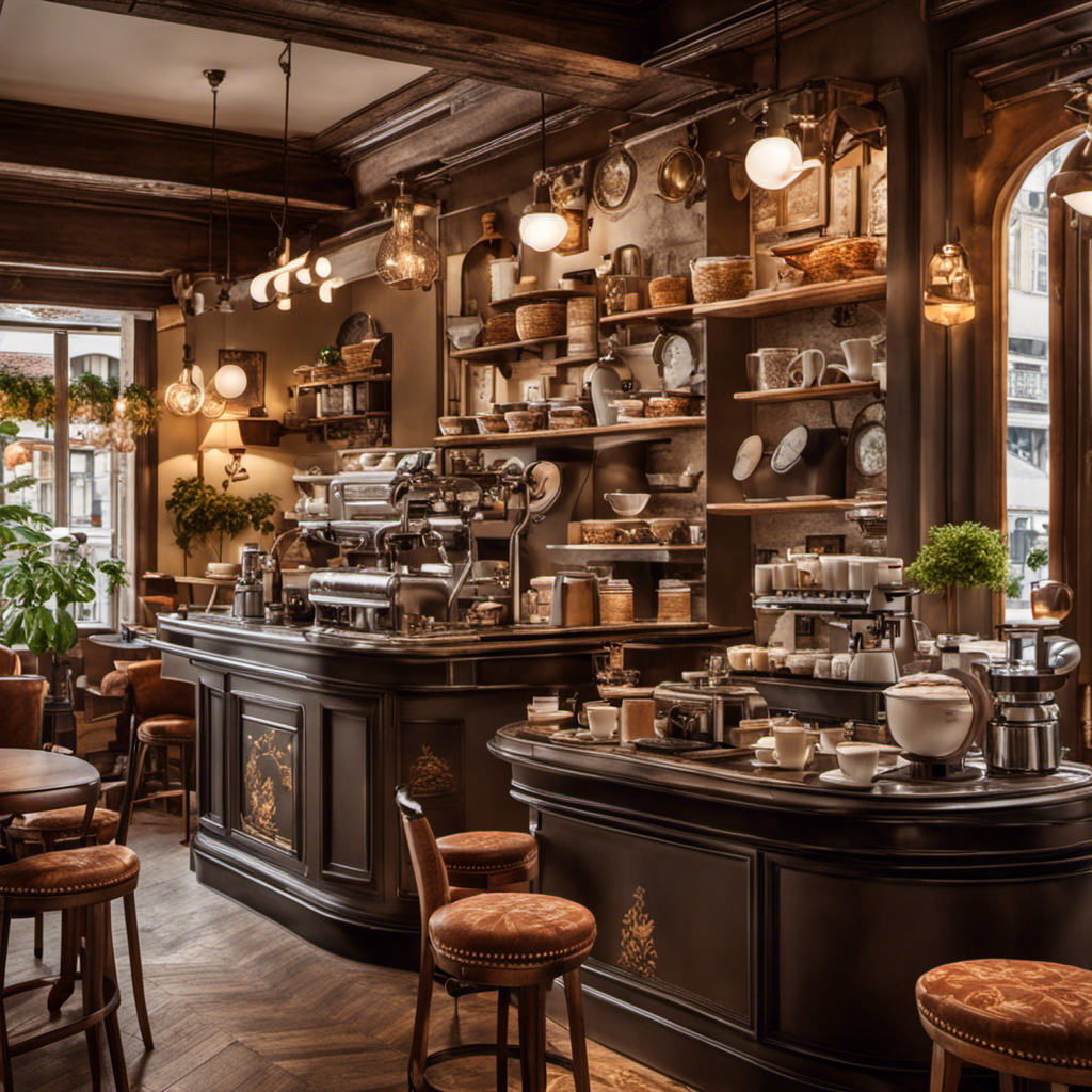 An image featuring a cozy German café scene, with locals sipping aromatic coffee from porcelain mugs adorned with delicate patterns, while the baristas skillfully prepare espressos and cappuccinos on a vintage espresso machine