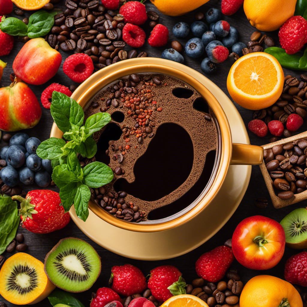 An image featuring a vibrant coffee cup filled with rich, aromatic brew, surrounded by a variety of colorful fruits and vegetables, emphasizing the potential health benefits of a daily coffee habit