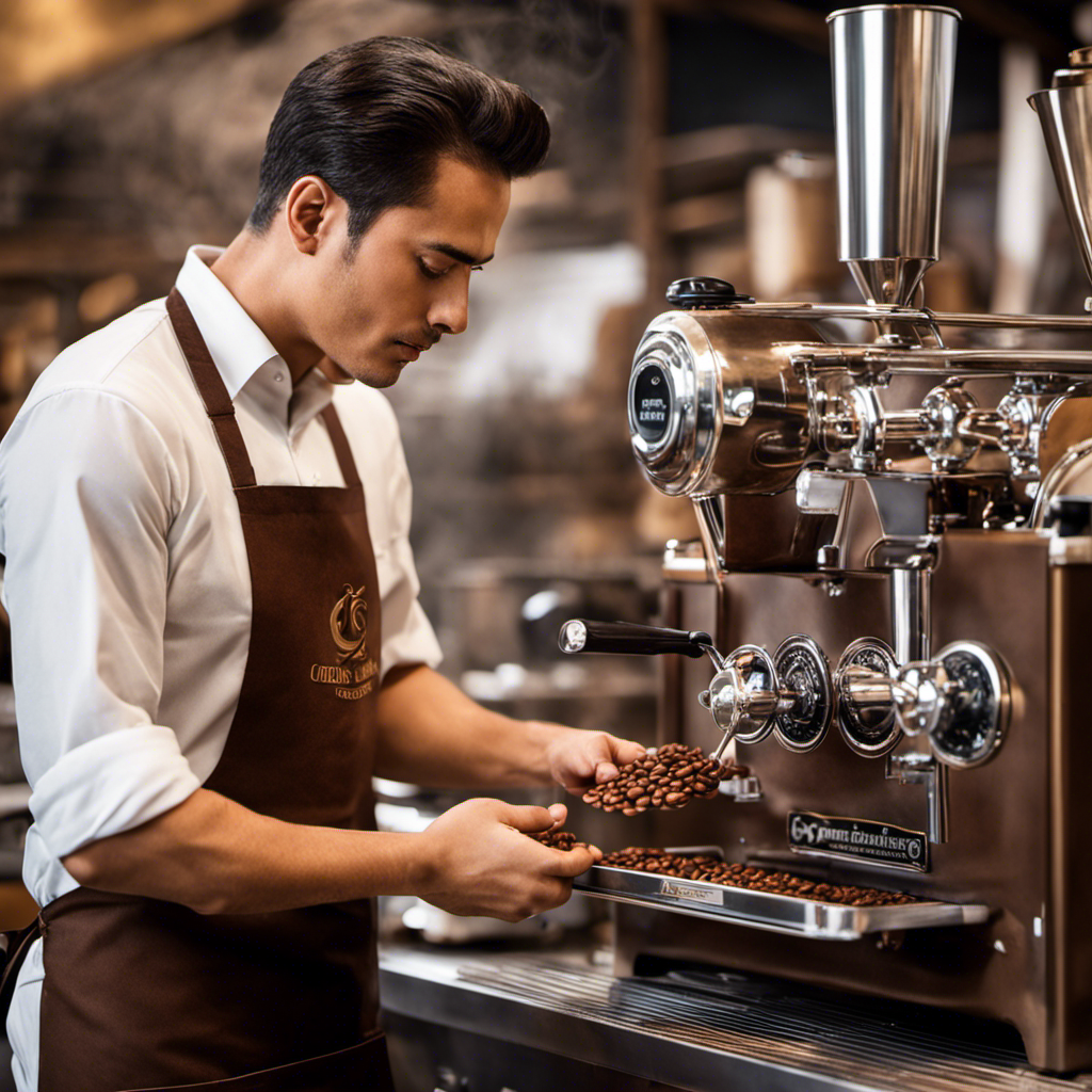 An image showcasing a coffee roasting process: a skilled barista, wearing a brown apron, intently monitoring a cast-iron roasting machine