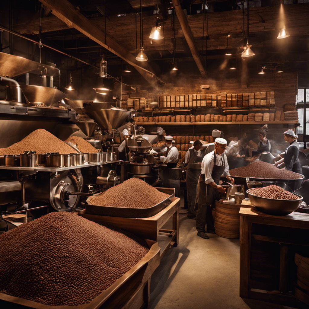 An image depicting a bustling coffee roastery, filled with skilled artisans meticulously roasting beans