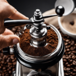 An image showcasing a close-up shot of a hand turning the dial of a coffee grinder, with fine coffee grounds gently cascading out, capturing the essence of the debate on whether finer grinding results in a stronger coffee flavor