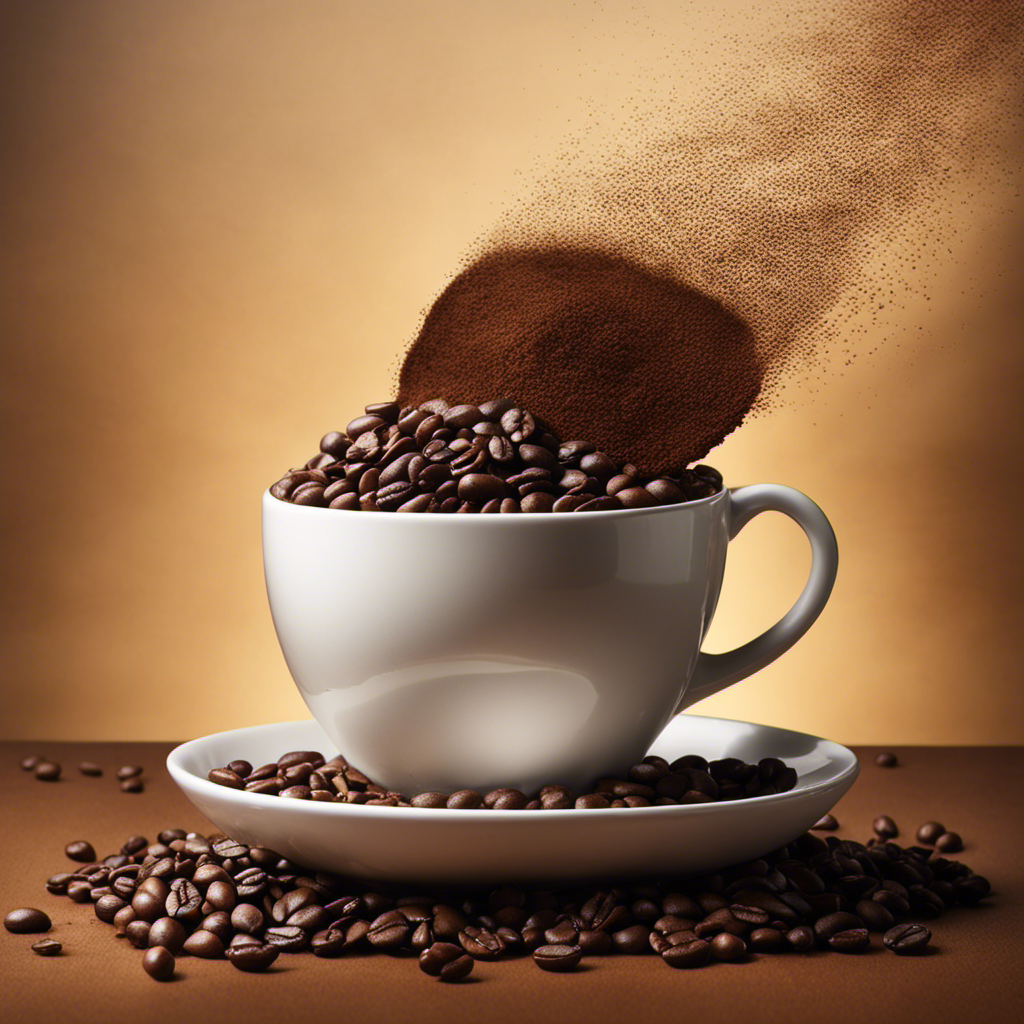 An image that depicts a steaming cup of coffee with a trail of crushed coffee beans leading to a person's mouth, illustrating the debate of whether eating coffee beans yields a stronger effect than drinking coffee