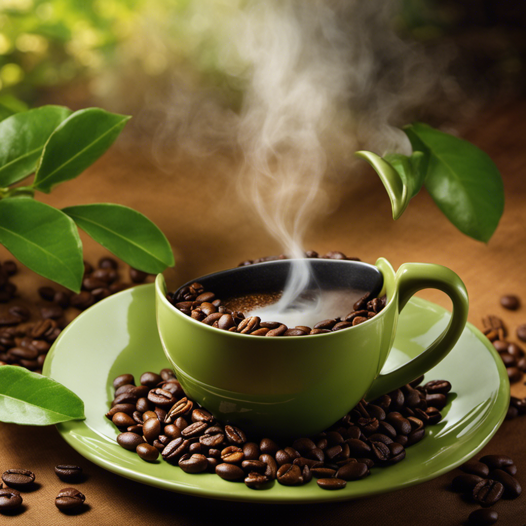 An image featuring a steaming cup of freshly roasted coffee, emanating rich aromas, surrounded by vibrant green coffee beans, highlighting the natural beauty and enticing allure of this healthful beverage