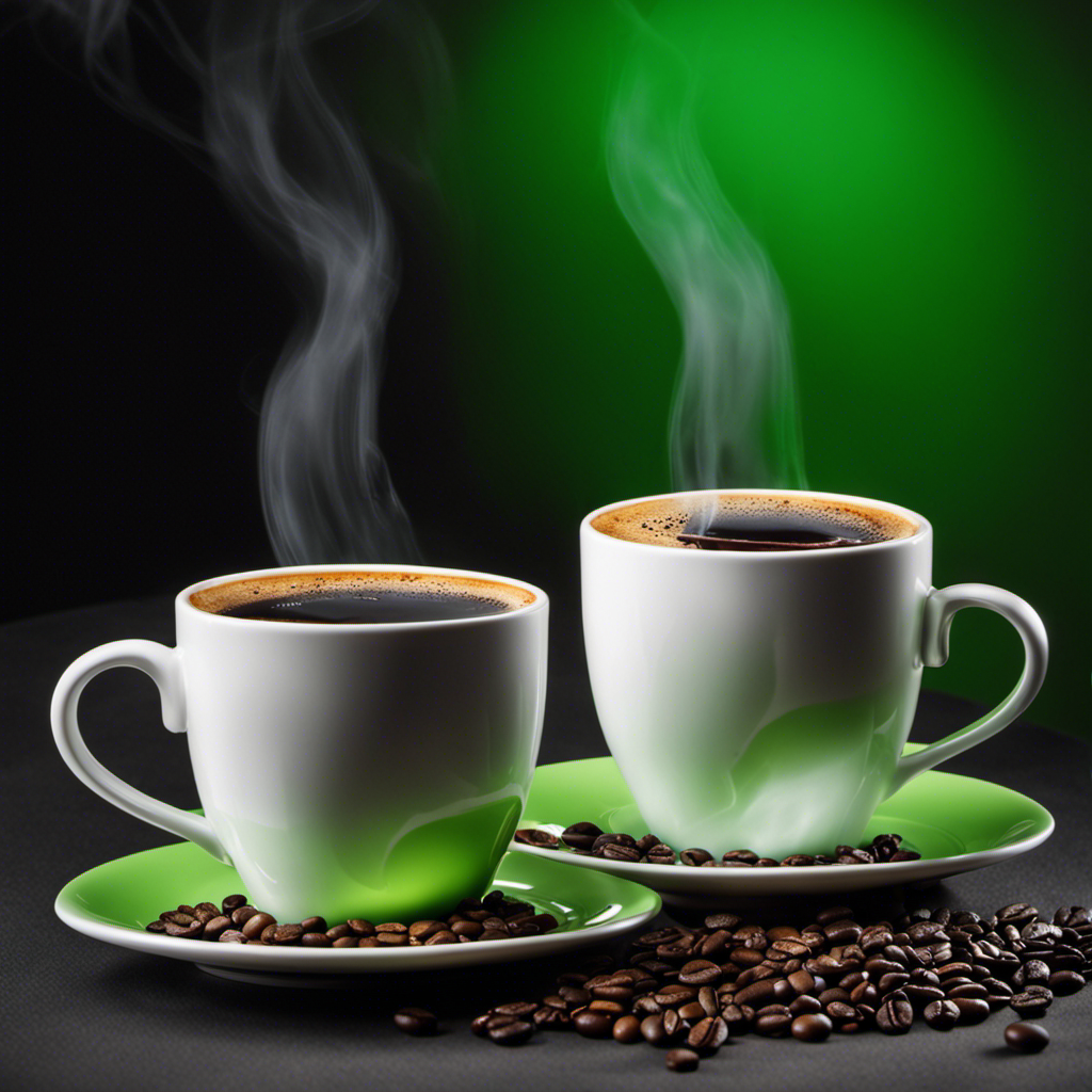 An image showcasing two vibrant steaming cups of coffee - one filled with rich black coffee, the other with a refreshing green hue